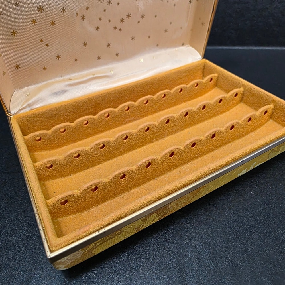 Vintage Earring Holder Travel Jewelry Box Gold Brocade Starburst Velvet Lining